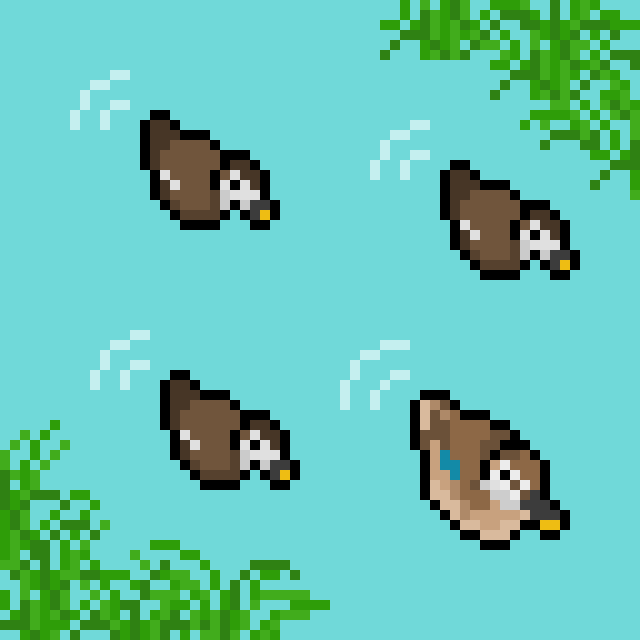 Pixel art of a duckling and her ducklings